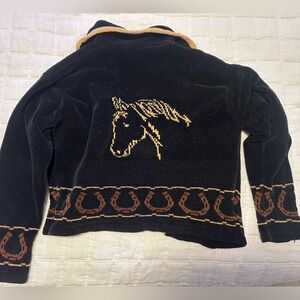 TSUNAMI Horse Sweater/ Black Velvet Hooded Jacket with Brown Trim